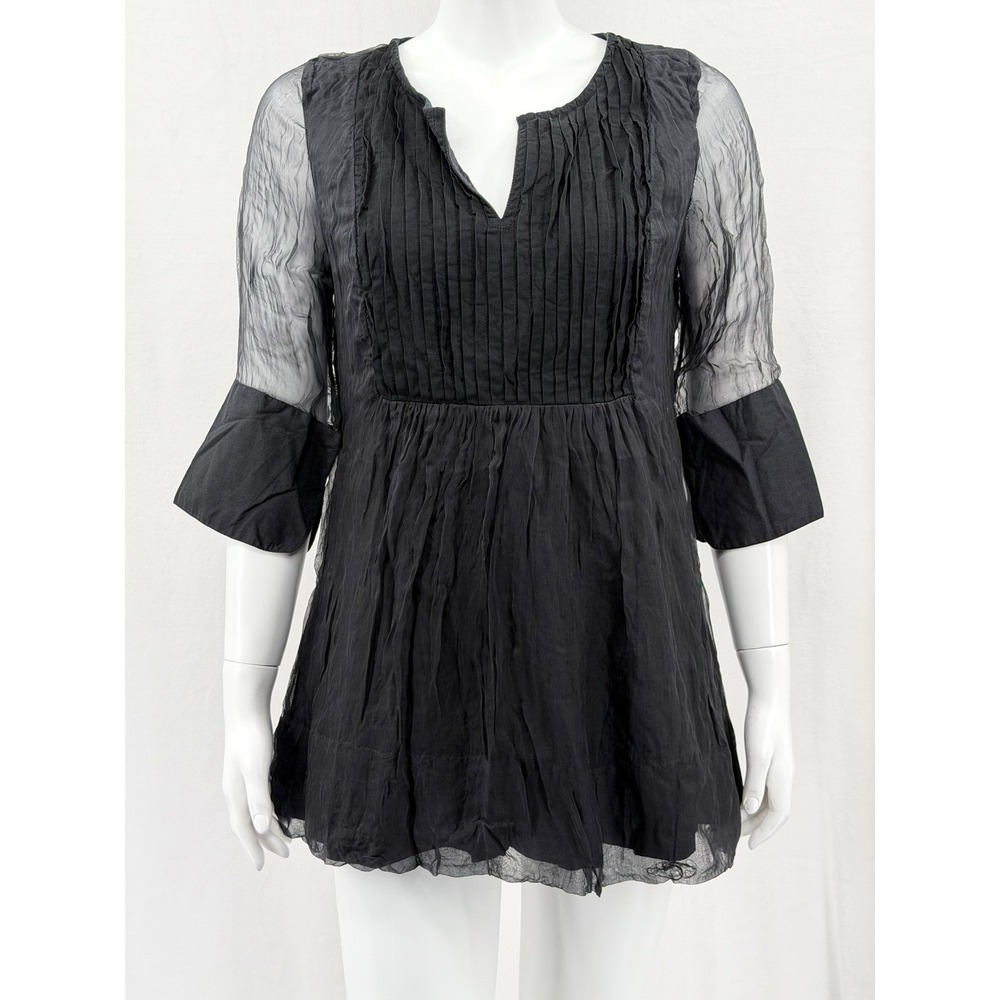 Gretchen Scott Top Womens Medium Black Pintuck Pleated Sheer Sleeve Witchy Tunic - Picture 1 of 12